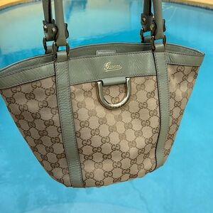 Gucci GG Monogram Fabric Cream and Mint Green Leather Bucket Style Shoulder Bag